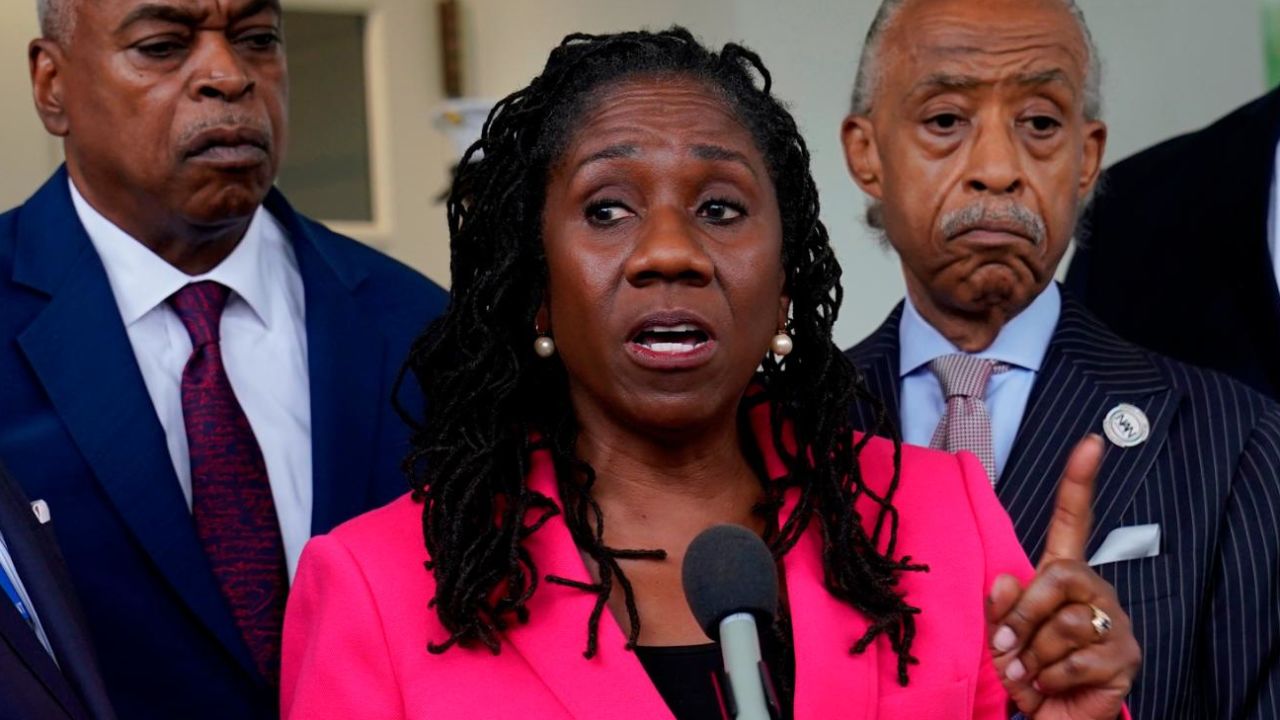 Sherrilyn Ifill, of the NAACP Legal Defense Fund, speaks with reporters outside the White House on July 8, 2021.
