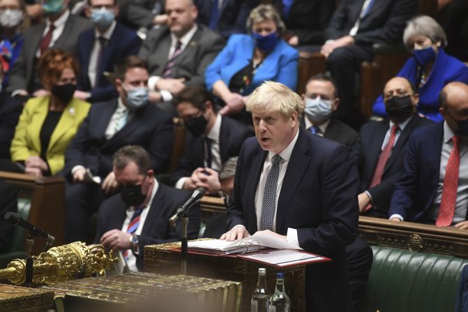 Johnson speaks in the House of Commons in January 2022. He<a href="index.php?page=&url=https%3A%2F%2Fwww.cnn.com%2F2022%2F01%2F12%2Fuk%2Fboris-johnson-pmqs-downing-street-party-intl-gbr%2Findex.html" target="_blank"> apologized</a> for attending a May 2020 garden party that took place while the UK was in a hard lockdown to combat the spread of Covid-19. Johnson told lawmakers he believed the gathering to be a work event but that, with hindsight, he should have sent attendees back inside.