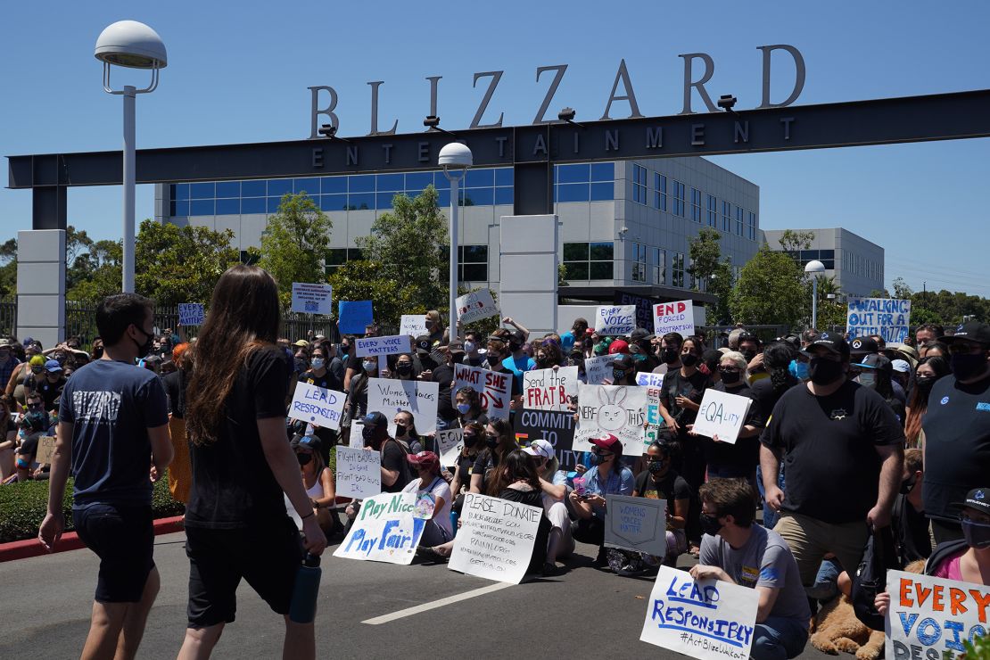 Employees gathered during a walkout at Activision Blizzard offices in Irvine, California, U.S., on Wednesday, July 28, 2021. 