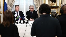 Kremlin's deputy chief of staff Dmitry Kozak (L) and Russian Ambassador to France Alexey Meshkov give a press conference at the Russian Ambassador's residence in Paris on January 26, 2022. - Top officials from Ukraine and Russia met in Paris on January 26 for talks to defuse tensions on their border, a meeting seen as a positive step by France despite fresh warnings from the US that Moscow was preparing military action. The meeting in the French capital between the Kremlin's deputy chief of staff and a senior Ukrainian presidential advisor alongside French and German diplomats, was seen by Paris as holding out faint hope of a thaw. (Photo by Léo PIERRARD / AFP) (Photo by LEO PIERRARD/AFP via Getty Images)