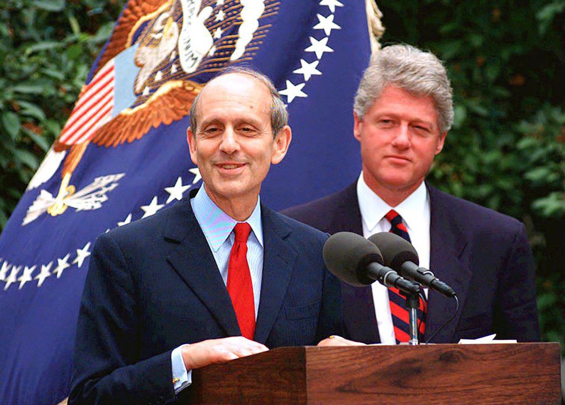 Then-Supreme Court nominee Judge Stephen Breyer speaks with reporters in May 1994 in the White House Rose Garden as US President Bill Clinton listens. 