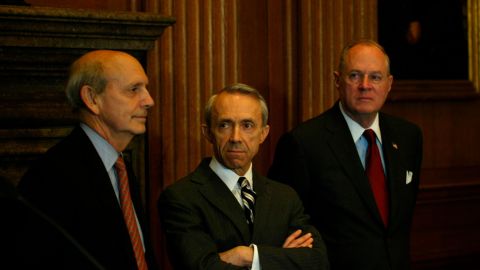 Justices Stephen Breyer (L), David Souter and Anthony Kennedy (R) attend a news conference at the Supreme Court to urge better pay for federal judges May 28, 2003, in Washington. 