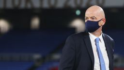 YOKOHAMA, JAPAN - AUGUST 07: Gianni Infantino, President of FIFA is seen wearing a face mask during the Men's Football Competition Medal Ceremony on day fifteen of the Tokyo 2020 Olympic Games at International Stadium Yokohama on August 07, 2021 in Yokohama, Kanagawa, Japan. (Photo by Alexander Hassenstein/Getty Images)