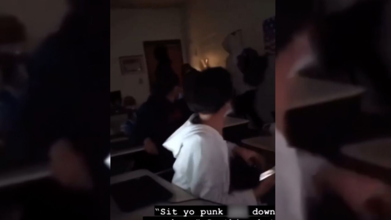 In edited cell phone video provided to CNN, the teacher can be heard yelling at the student and then appears to push him to the ground, according to the sheriff's office