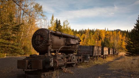 An old steam locomotive left in the the deserted mining community of Bankhead, Canada.