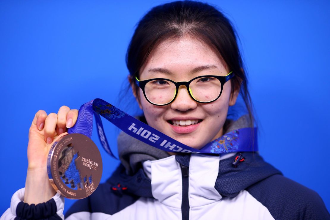 Shim celebrates her bronze medal for the Short Track Women's 1,000m at the Sochi 2014 Winter Games.