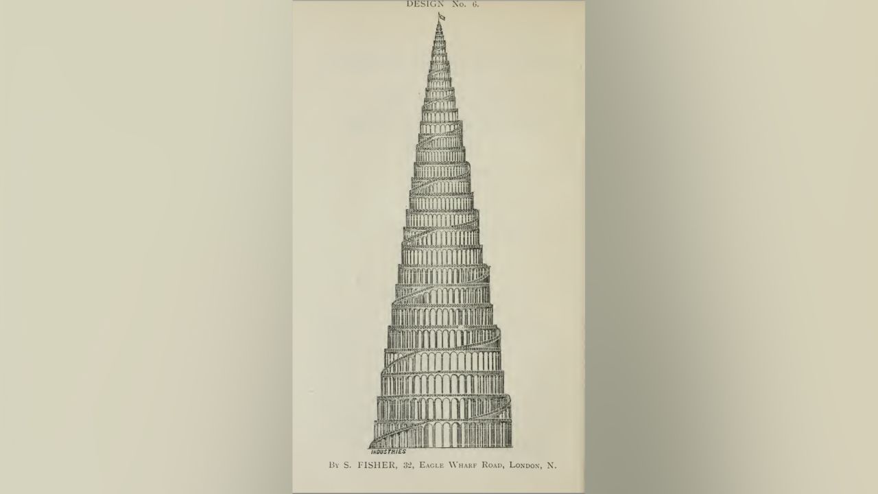 <strong>Railway to the sky: </strong>Watkins held a contest to design the tower, offering a prize equivalent to $80,000 in today's money. One proposal had a train running up a spiraling railway on the outside of a 2,000-foot-tall tower.