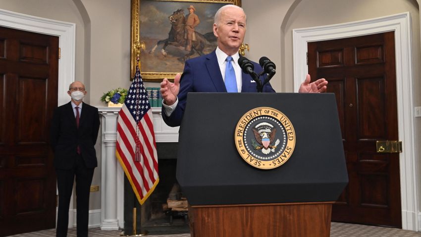 US President Joe Biden, with retiring US Supreme Court Justice Stephen Breyer, speaks in the Roosevelt Room of the White House in Washington, DC, on January 27, 2022.