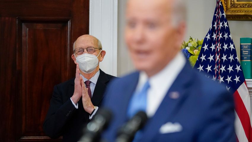 Supreme Court Associate Justice Stephen Breyer reacts as President Joe Biden delivers remarks on the retirement of Breyer in the Roosevelt Room of the White House in Washington, Thursday, Jan. 27, 2022.