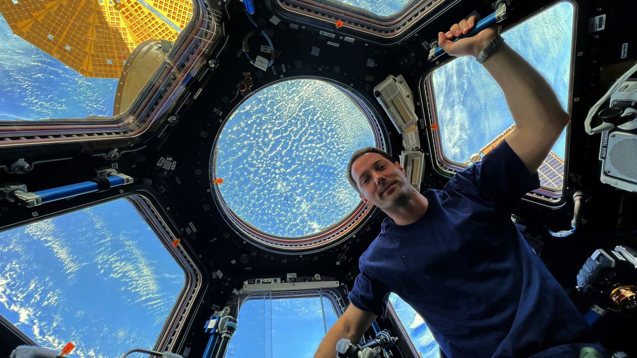 French astronaut Thomas Pesquet of the European Space Agency can be seen in the cupola of the space station, which offers spectacular views of Earth.