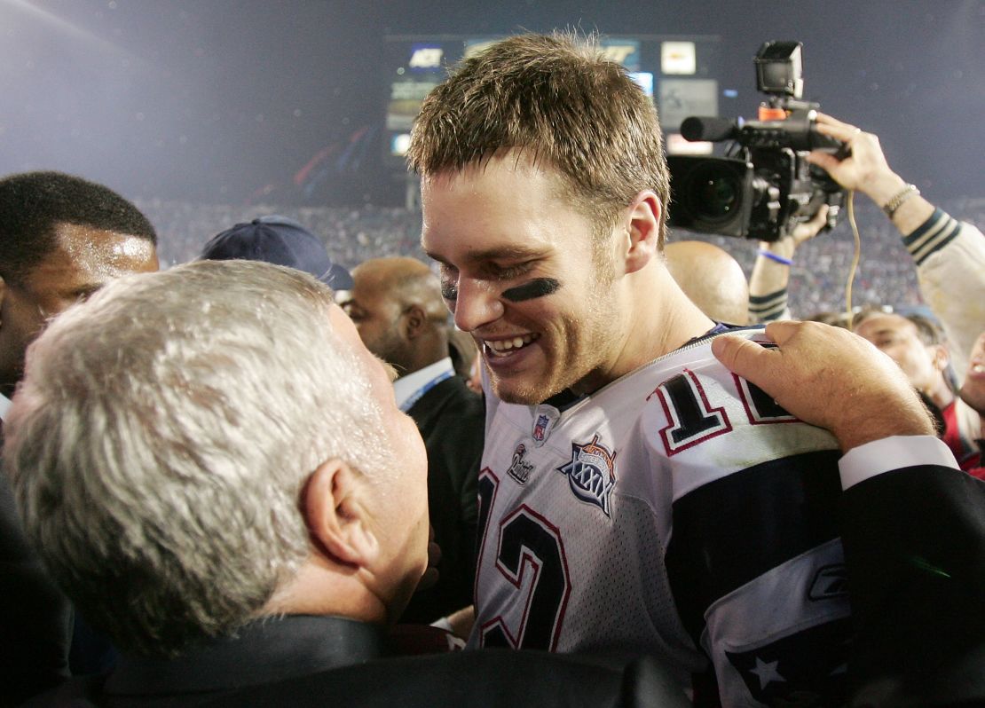 Brady celebrates with Kraft after defeating the Philadelphia Eagles in Super Bowl XXXIX in 2005.