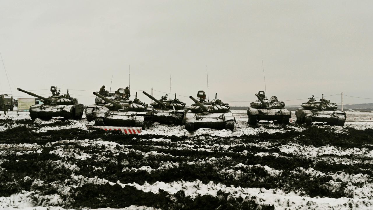 Russian T-72B3 tanks  take part in drills at the Kadamovskiy firing range in the Rostov region in southern Russia, on January 12, 2022.