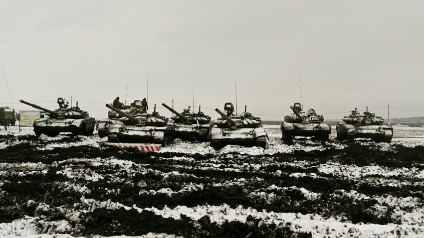FILE - Russian tanks T-72B3 take part in drills at the Kadamovskiy firing range in the Rostov region in southern Russia, Wednesday, Jan. 12, 2022. With tens of thousands of Russian troops positioned near Ukraine, the Kremlin has kept the U.S. and its allies guessing about its next moves in the worst Russia-West security crisis since the Cold War. (AP Photo, File)