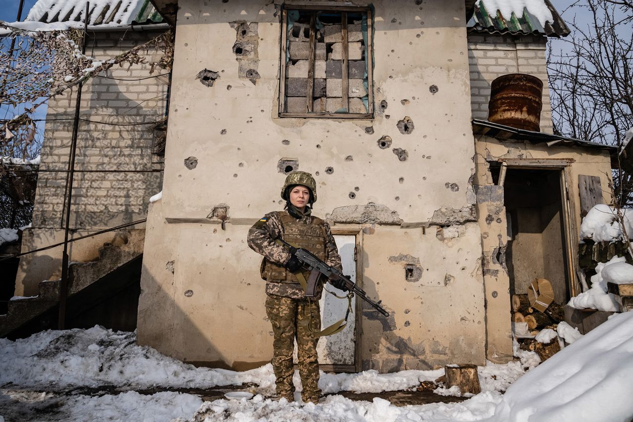 Anna Yvleva, a 30-year-old member of the Ukrainian military, commands an infantry squad of six men. She is married to an officer in the same battalion. Her four children are being cared for by their grandmother while their parents are deployed on the front lines. Yvleva told photographer Timothy Fadek she was a teacher before she joined the military four years ago.