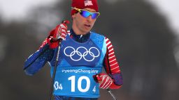 PYEONGCHANG-GUN, SOUTH KOREA - FEBRUARY 18:  Noah Hoffman of the United States reacts after crossing the finish line last during Cross-Country Skiing men's 4x10km relay on day nine of the PyeongChang 2018 Winter Olympic Games at Alpensia Cross-Country Center on February 18, 2018 in Pyeongchang-gun, South Korea.  (Photo by Lars Baron/Getty Images)