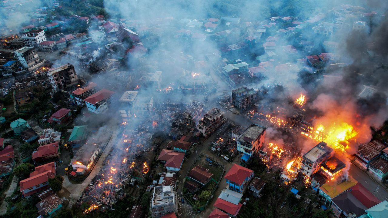 Fires blaze in Thantlang, Chin State on October 29, 2021.