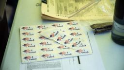 I voted stickers and other forms line a table at a ballot drop off location on October 13, 2020 in Austin, Texas. 