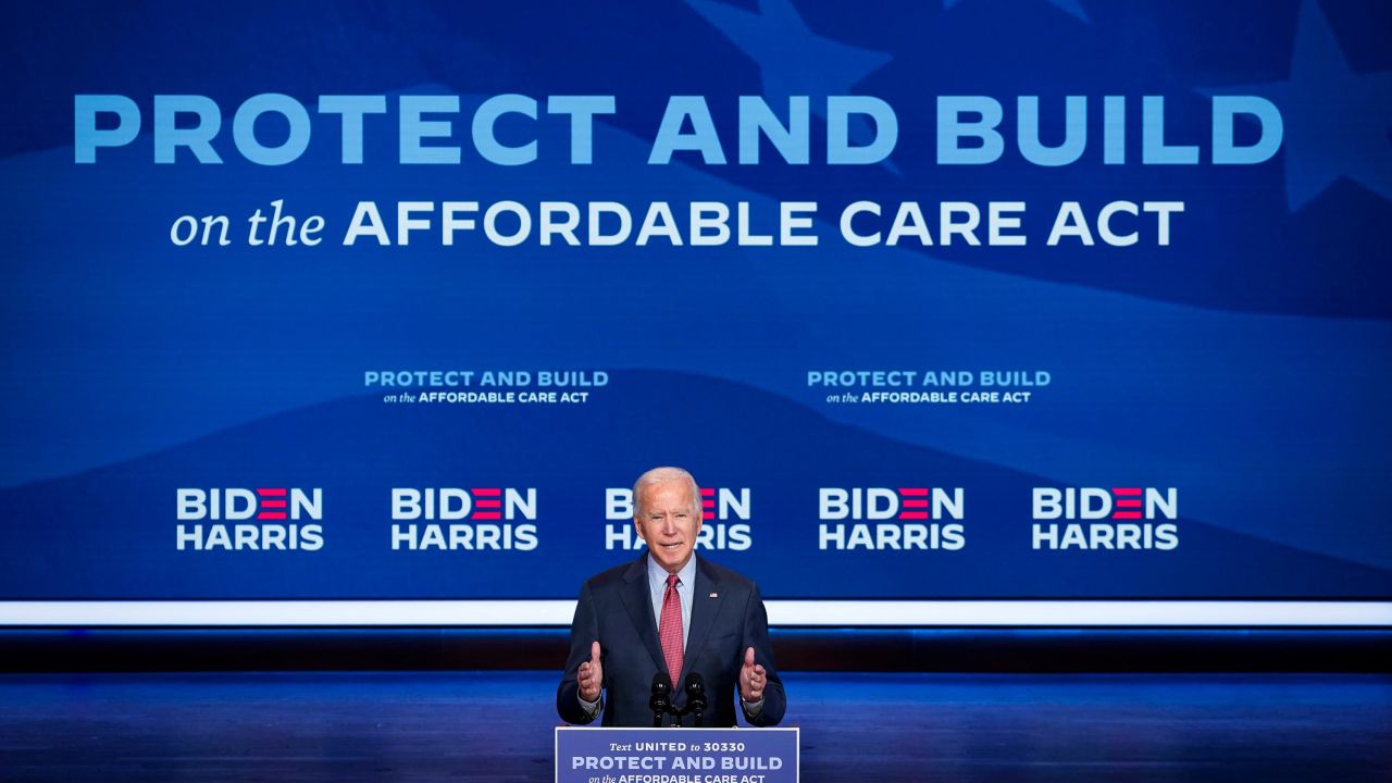Then-Democratic presidential nominee Joe Biden delivers remarks about the Affordable Care Act and Covid-19 after attending a virtual coronavirus briefing with medical experts at The Queen theater on October 28, 2020 in Wilmington, Delaware. 