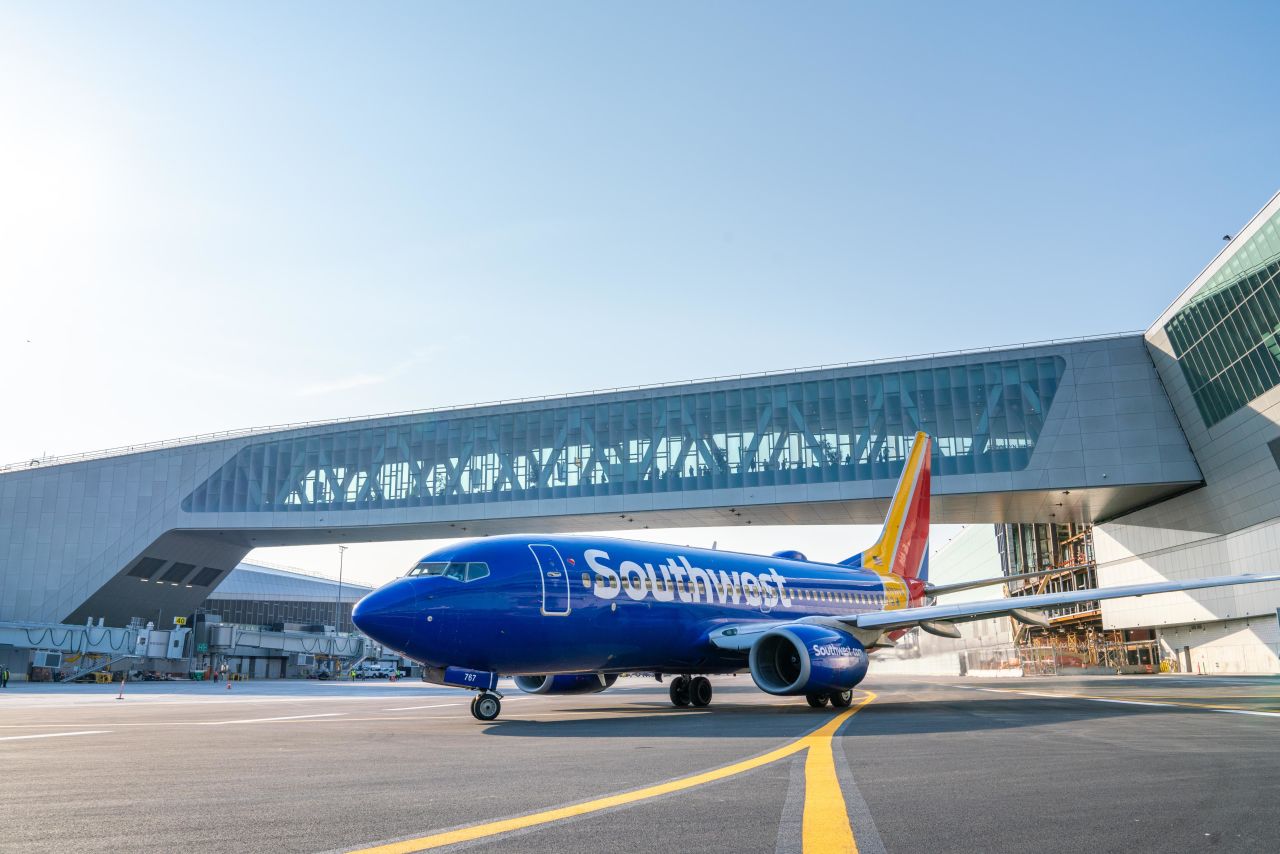 Terminal B's eastern skybridge, pictured here, opened in June 2020. The western skybridge will open to passengers on Friday.