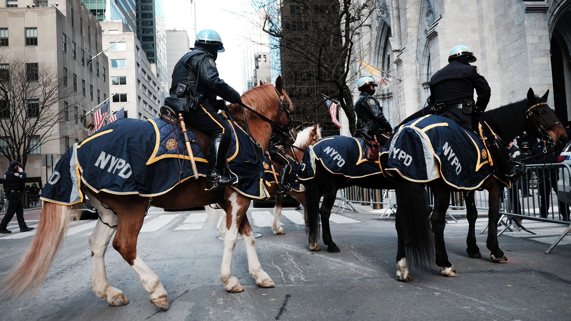 Police officers on horseback arrive outside St. Patrick's Cathedral.