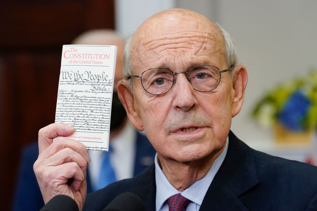 Supreme Court Justice <a href="http://www.cnn.com/2021/04/13/politics/gallery/stephen-breyer/index.html" target="_blank">Stephen Breyer</a> holds up a copy of the US Constitution on Thursday, January 27, as he announces <a href="https://www.cnn.com/2022/01/27/politics/biden-breyer-announcement/index.html" target="_blank">his intent to retire.</a> Breyer, 83, is the oldest of the nine current justices, and he has served on the high court for more than two decades.