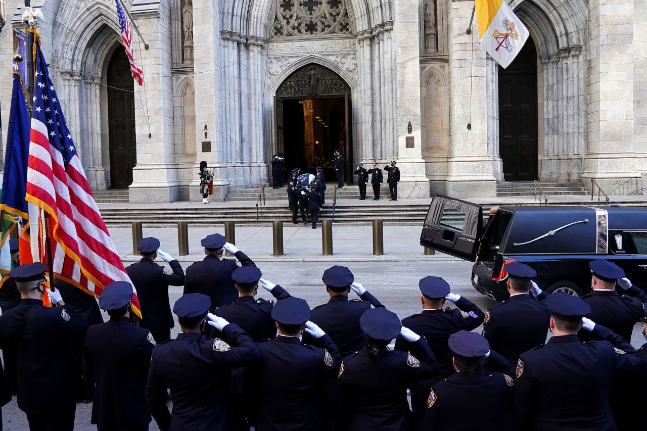The casket arrives at St. Patrick's Cathedral for the wake of New York police officer Jason Rivera on Thursday, January 27. Rivera, 22, <a href="https://www.cnn.com/2022/01/26/us/nypd-officer-shooting-wednesday/index.html" target="_blank">was fatally shot last week</a> while responding to a domestic disturbance call. His partner, 27-year-old Wilbert Mora, also was killed. <a href="http://www.cnn.com/2022/01/27/us/gallery/nypd-officer-memorials/index.html" target="_blank">See photos from their memorials.</a>