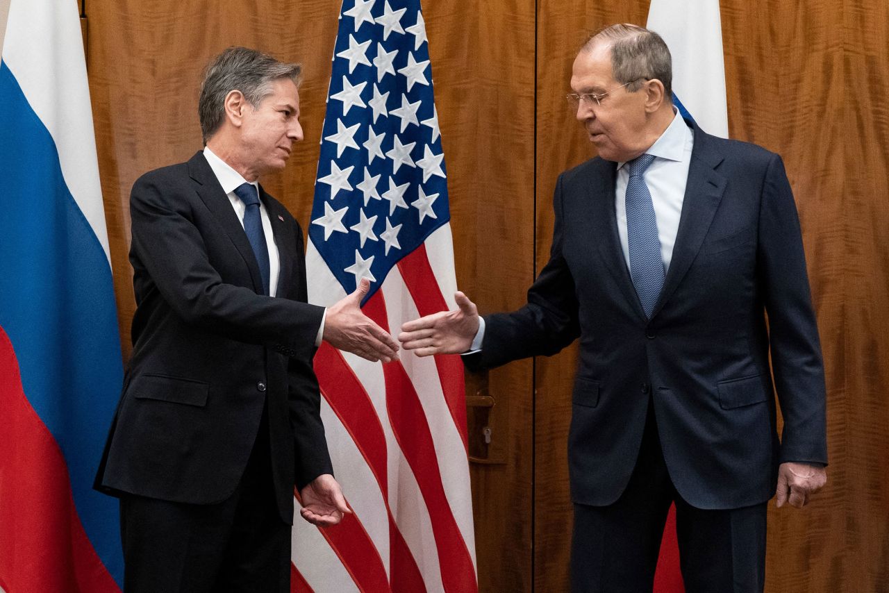 US Secretary of State Antony Blinken, left, greets Russian Foreign Minister Sergey Lavrov before <a href="https://www.cnn.com/2022/01/21/politics/blinken-lavrov-geneva-meeting-ukraine/index.html" target="_blank">their meeting</a> in Geneva, Switzerland, on Friday, January 21. The United States sought to convince Russia to de-escalate the situation at the Ukrainian border, where Russia has amassed tens of thousands of troops. Both sides agreed to keep talking.