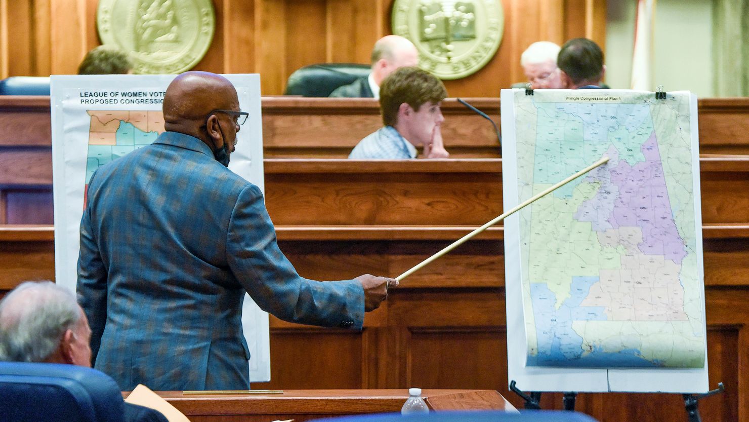 Sen. Rodger Smitherman compares maps during a special session on redistricting at the Alabama Statehouse in Montgomery on November 3, 2021. 