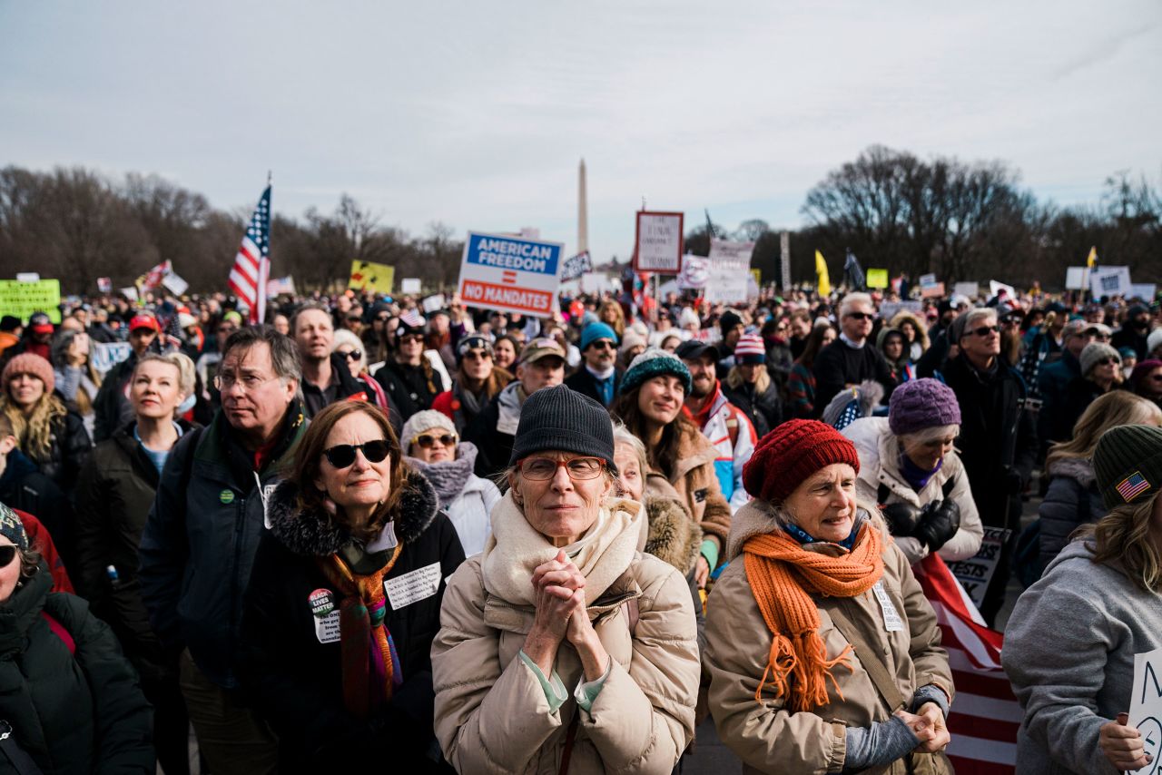 People in Washington, DC, attend a rally against vaccine mandates on Sunday, January 23.