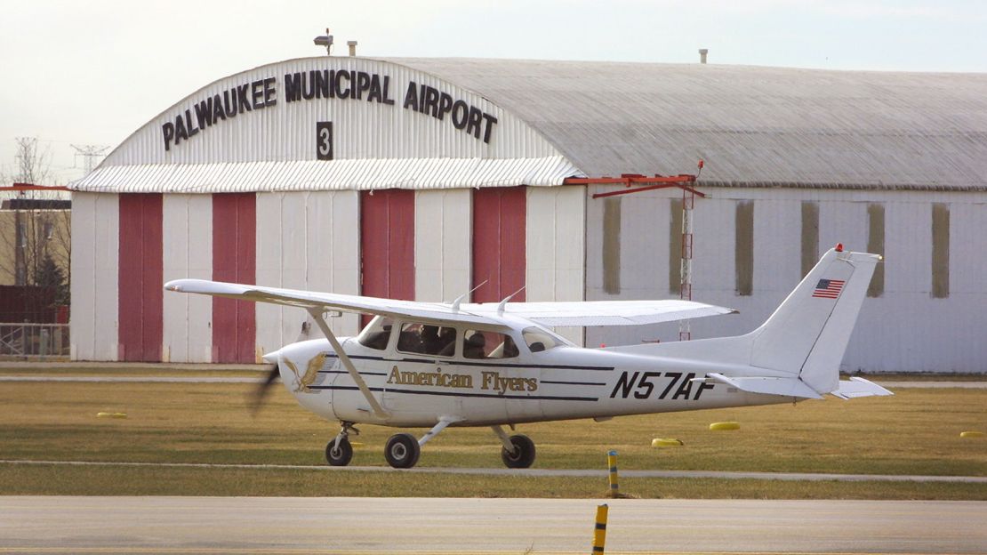 An American Flyers Pilot Training School instructor and student taxi in their Cessna 172 single-engine plane in Illinois in 2002. 