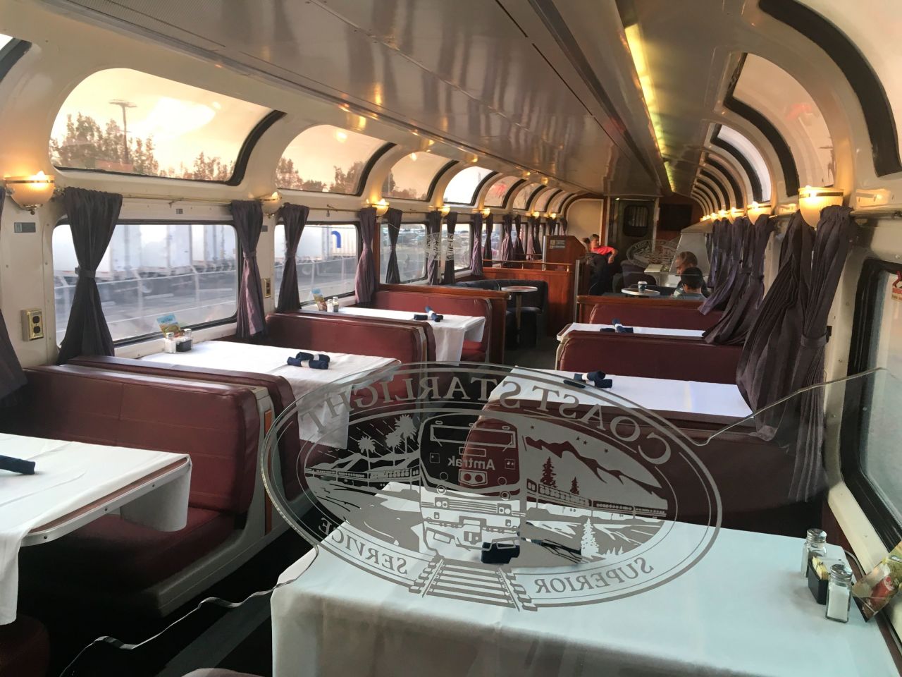 The dining car of the Coast Starlight, where passengers were allowed to eat and chat together pre-pandemic, photographed on December 16, 2017.