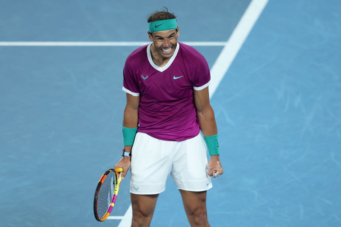 Rafael Nadal reacts after winning the semifinal against Matteo Berrettini.