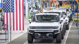 A general view of GMC Hummer EVs is pictured on November 17, 2021 at General Motors' Factory ZERO electric vehicle assembly plant in Detroit, Michigan. 