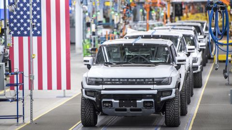 Hummer electric vehicles at General Motors' assembly plant in Detroit on November 17, 2021. The Department of Energy plans to build the nation's first large facility to extract rare minerals from fossil fuel waste, which will then be used in technologies like electric vehicles.