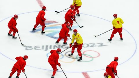 Members of China's men's ice hockey team attend a training session at the National Indoor Stadium on January 28, 2022 in Beijing. 