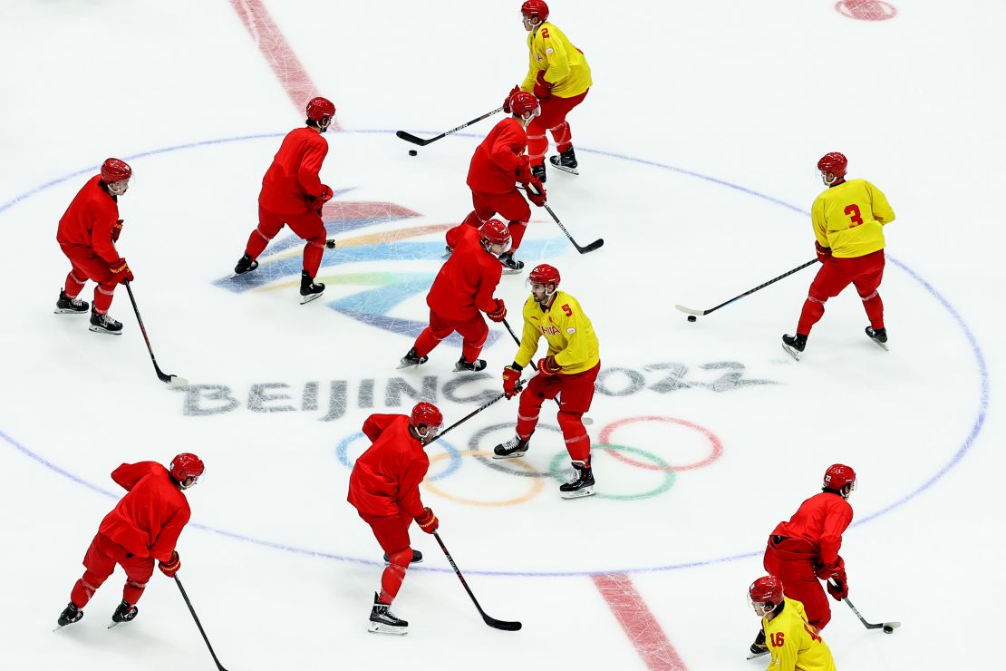 Members of China's men's ice hockey team attend a training session at the National Indoor Stadium on January 28, 2022 in Beijing. 