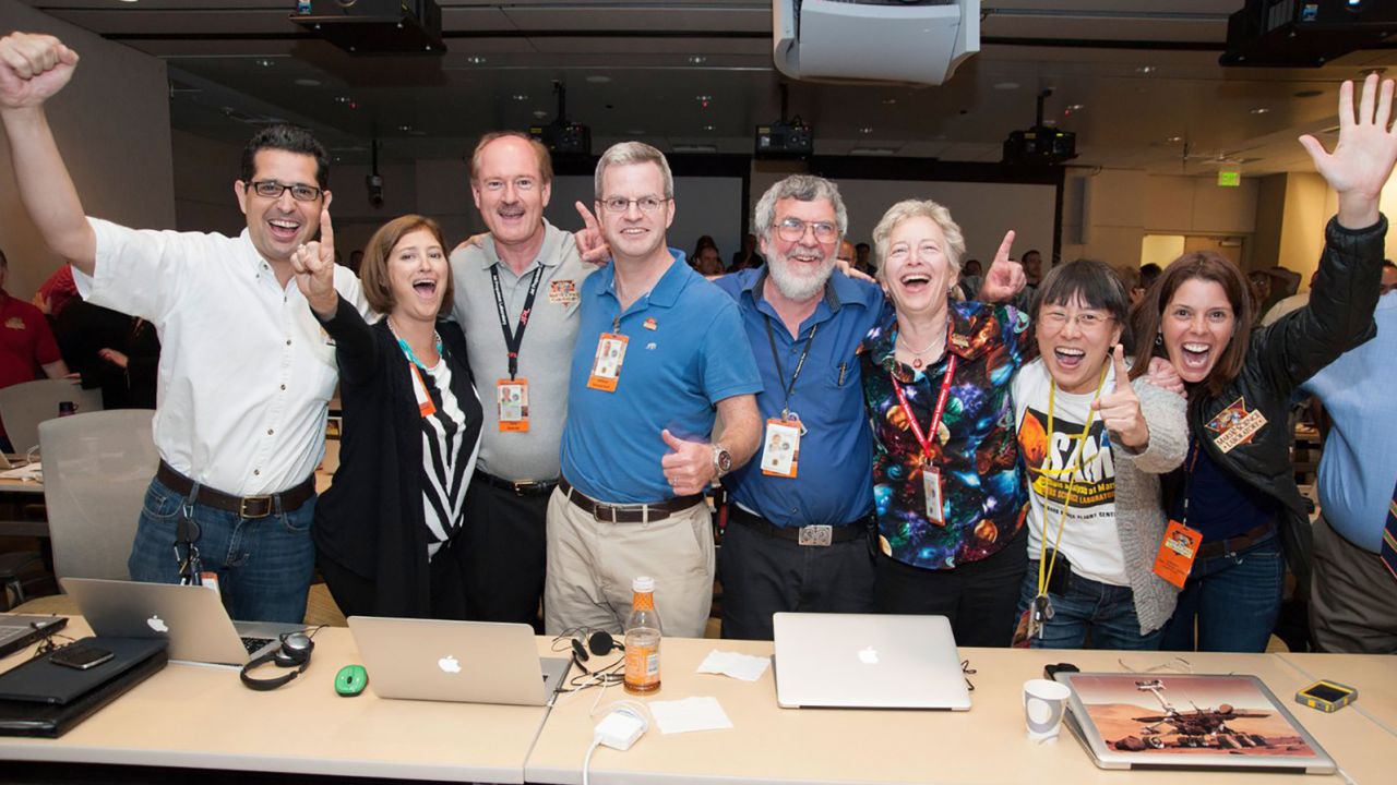 Laurie Leshin (second from left) celebrates the landing of the Curiosity rover on August 5, 2012. Leshin is a co-investigator on two of the rover's instruments.