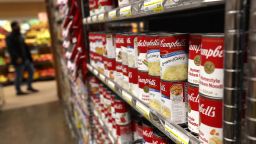 Cans of Campbell's Soup are displayed on a shelf at Scotty's Market on December 08, 2021 in San Rafael, California. 