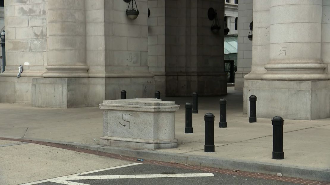 Swastikas are seen painted outside Union Station in Washington, DC, on January 28, 2022.