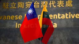 FILE PHOTO: Taiwanese and Lithuanian flags are displayed at the Taiwanese Representative Office in Vilnius, Lithuania January 20, 2022. REUTERS/Janis Laizans/File Photo