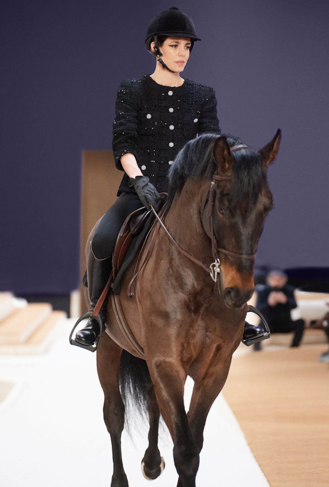 Charlotte Casiraghi charged down the runway on horseback.