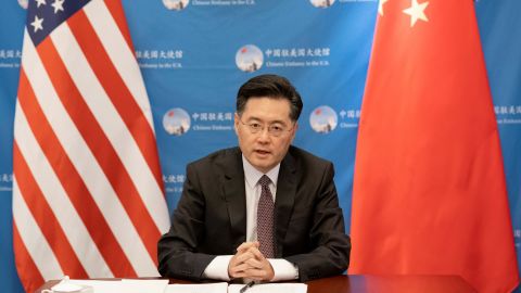 Chinese Ambassador to the United States Qin Gang speaks at a virtual meeting with board members of the US China Business Council last September. 