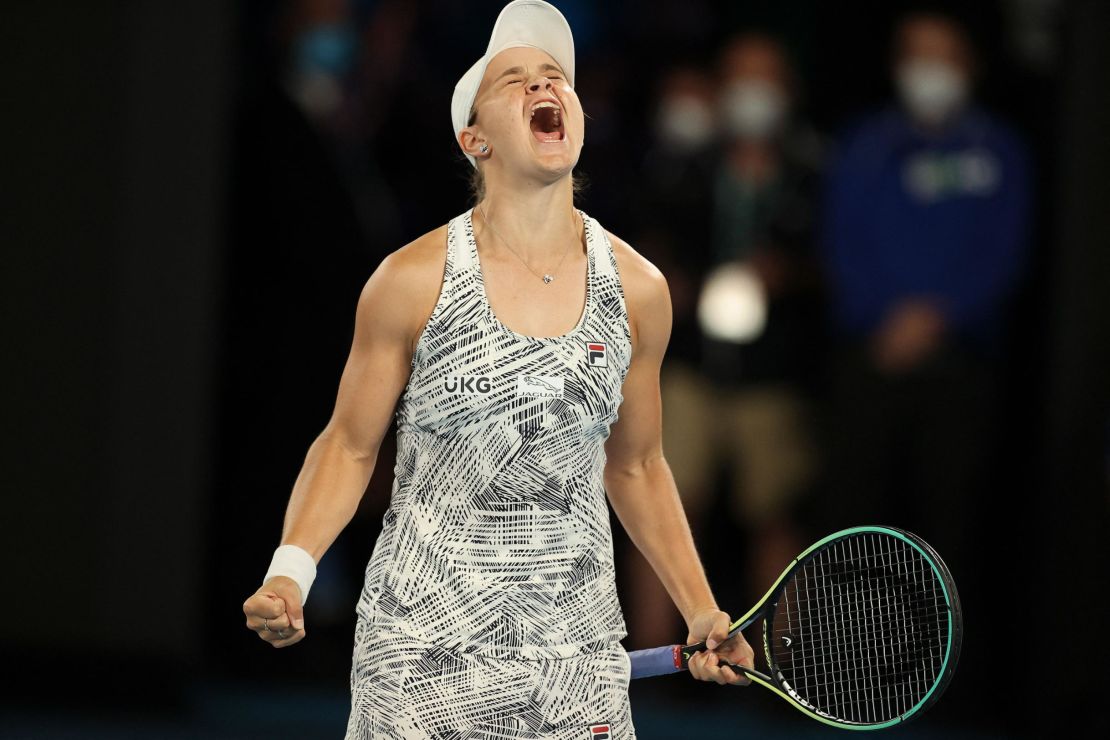 Australia's Ashleigh Barty celebrates after beating Danielle Collins.