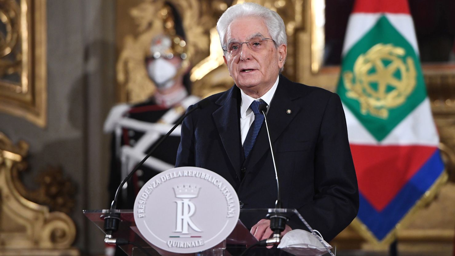 Sergio Mattarella attends a press conference after a meeting for the formation of the new government on February 2, 2021. 