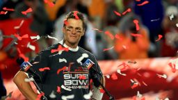 Tom Brady of the Tampa Bay Buccaneers signals after winning Super Bowl LV at Raymond James Stadium on February 07, 2021 in Tampa, Florida.