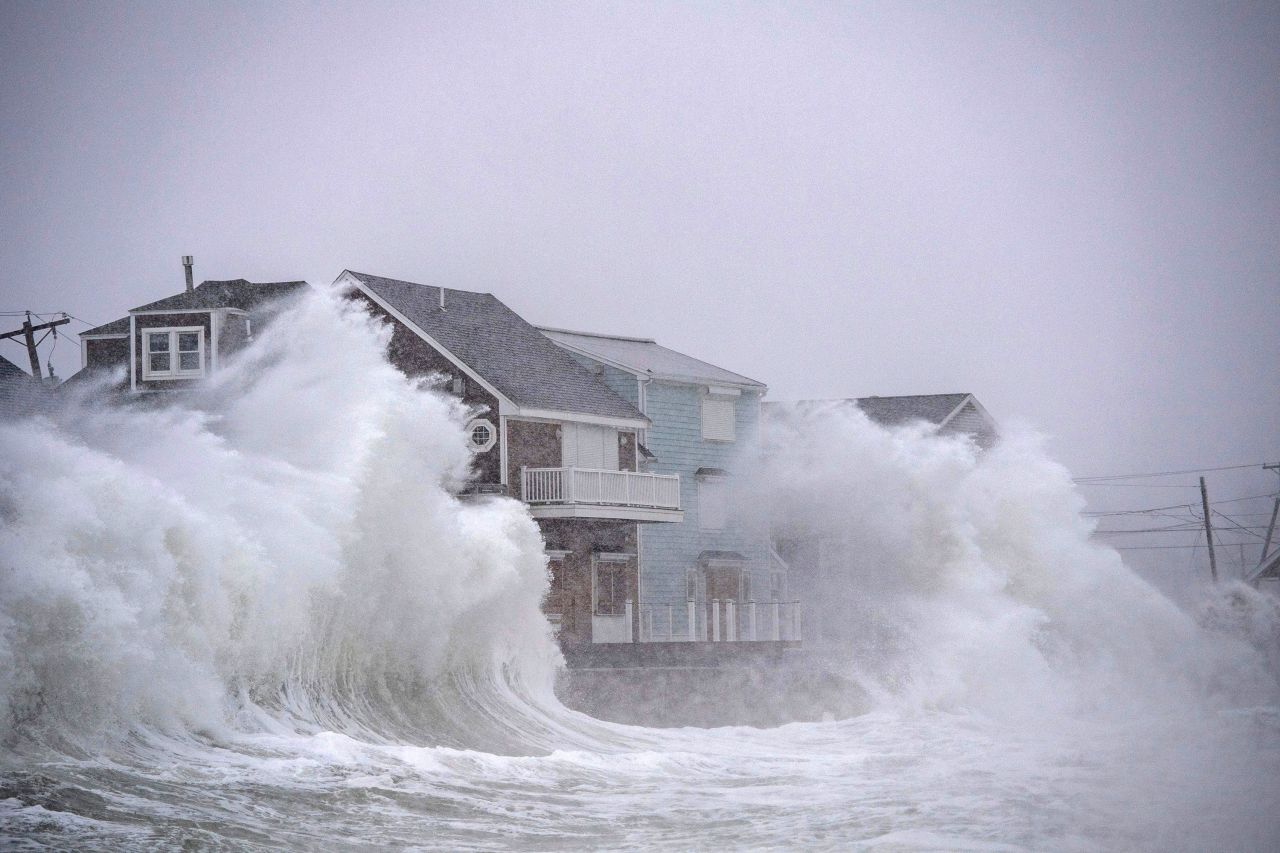 Waves crash on the coast of Scituate, Massachusetts, on Saturday.
