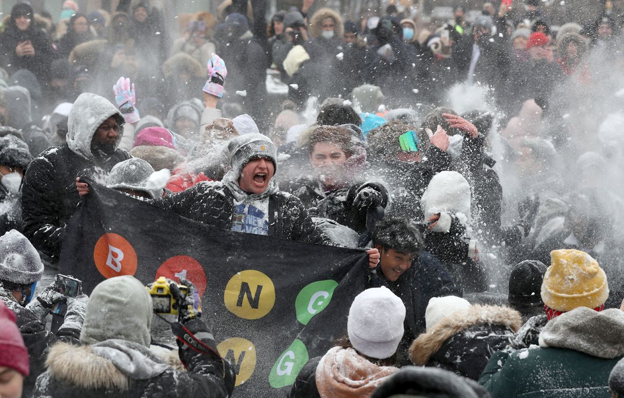 Hundreds take part in a spontaneous communal snowball fight in Washington Square Park in New York's City's Greenwich Village during a severe winter storm on Saturday, January 29.