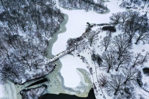 An aerial view shows snow covering Central Park in New York, on January 29.