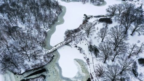 An aerial view shows snow cover in Central Park Saturday.
