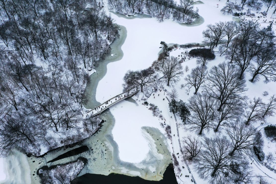 An aerial view shows snow cover in Central Park Saturday.